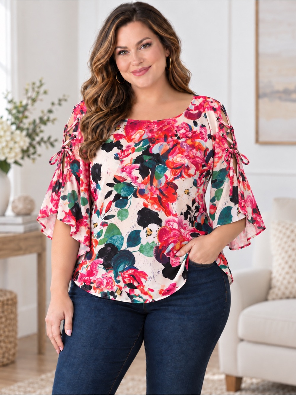 Floral Tie-Sleeve Scoop Neck Blouse in Pink Multi